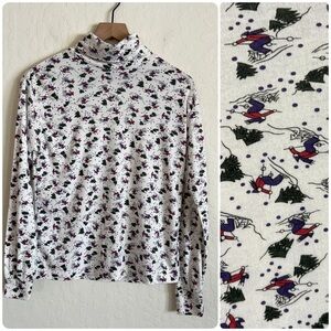 Vintage 90s Currant Novelty Ski Print Long Sleeve Turtleneck Small White Skiing